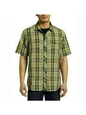 Prana Whiskey Men's Medium Green Black Plaid Cotton Short Sleeve Snap Up Shirt